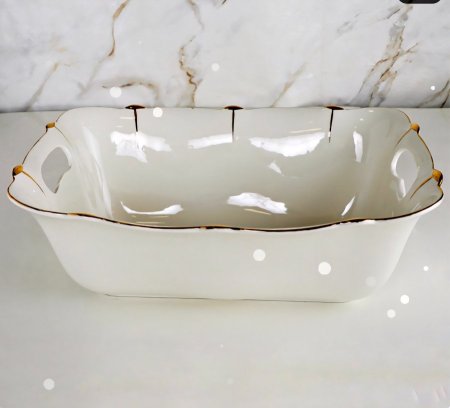 جاط سلطة بورسلان ابيض حز بلاتين ذهبي مستطيل