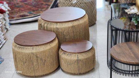 طقم طاولة قش 3 قطع وجه خشب