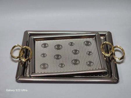 طقم صواني ستيل تركي فضي يد ذهبي /2