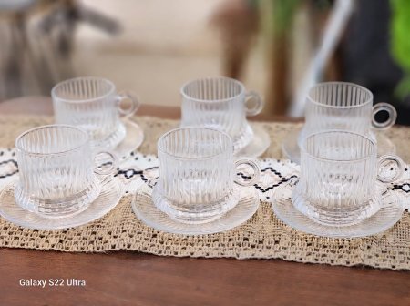 فناجين شاي شفاف محزز 6+6صحون