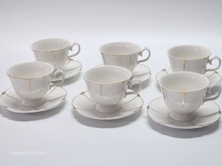 فناجين شاي بورسلان ابيض حز ذهبي بلاتين/6