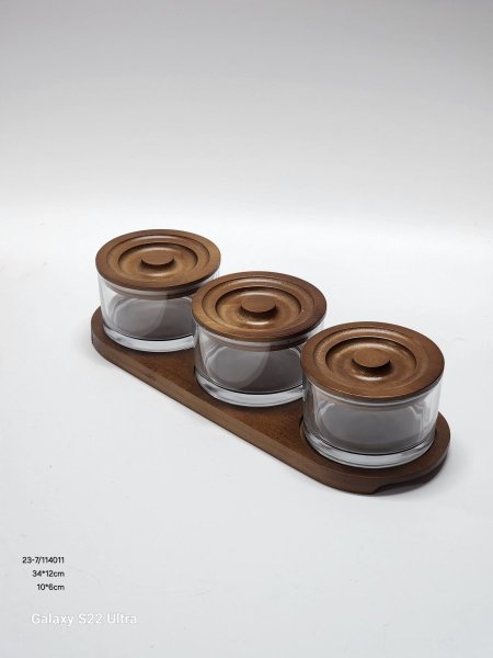 طقم 3سكريات زجاج غطاء خشب قاعدة خشب