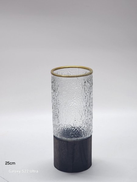 مزهرية زجاج اسود قاعدة خشب 25سم