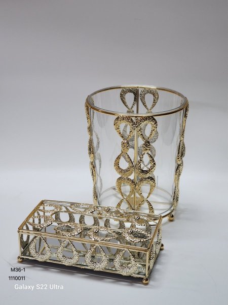 طقم سطل مع علبة محارم معدن لون نحاسي