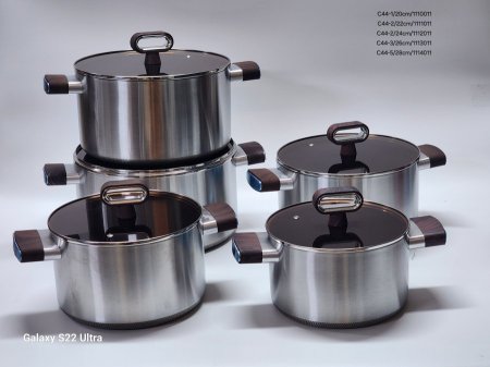 طنجرة ستانلس ستيل غطاء زجاج يد خشبي