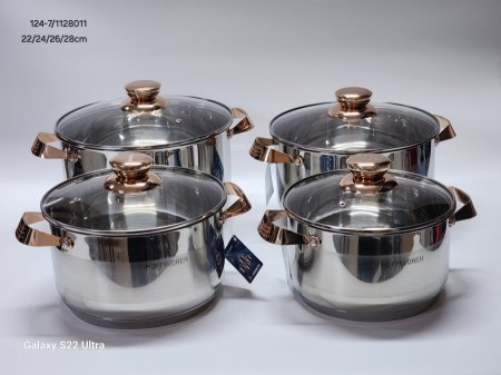 طقم طناجر ستانلس ستيل يد يرونزي غطاء زجاج 22/24/26/28سم