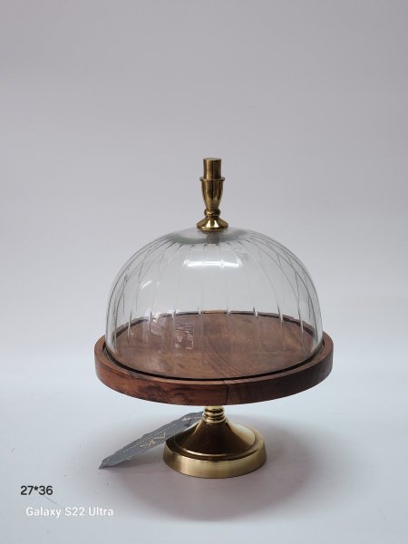 جاط كيك خشب هندي قاعدة نحاس غطاء زجاج 27*36سم