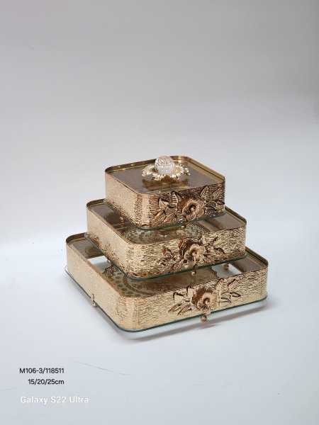 طقم 3 مضايف مربع معدن لون برونزي 15/20/25سم