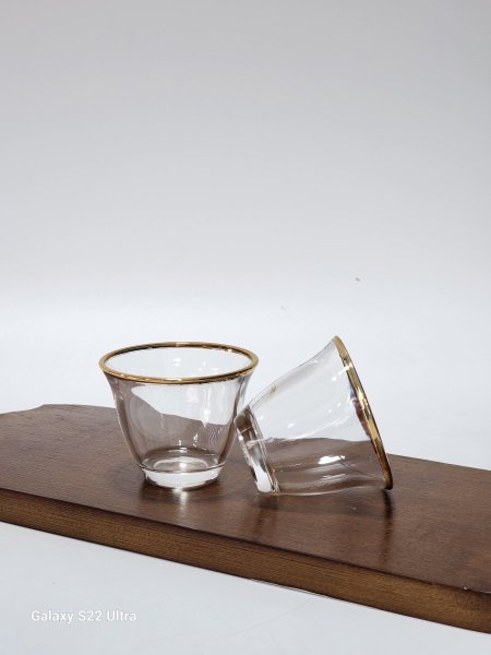 طقم فناجين /12قهوة سادة زجاج شفاف حز ذهبي