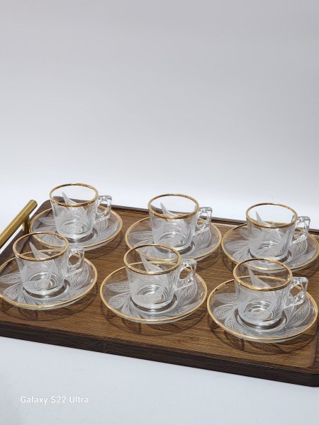 فناجين قهوة 6+6صحون كرستال حفر حز ذهبي