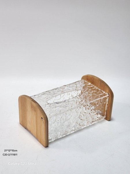 علبة محارم أكريلك شفاف جوانب خشب بامبو 21*12*10سم