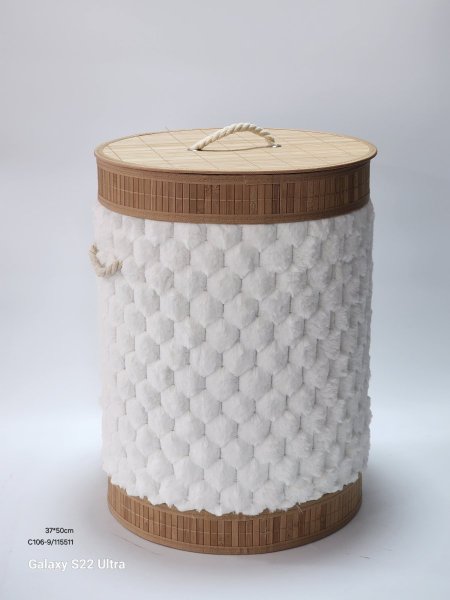 سلة غسيل خشب بامبو فرو ابيض 37*50سم