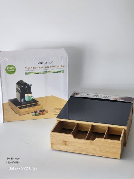 ستاند خشب بامبو وجه زجاج اسود  لماكنة صنع القهوة مع جارور سحب للكبسولات30*30*10سم