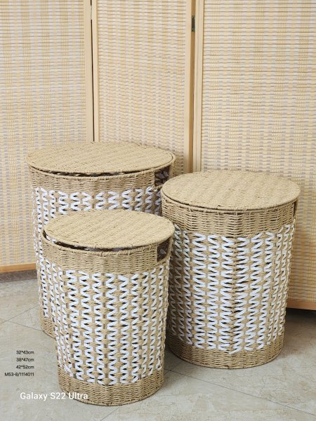 طقم سلة غسيل قش مع غطاء