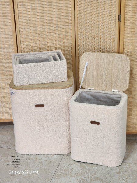 طقم سلة غسيل خشب فرو غطاء خشب بامبو 5قطع