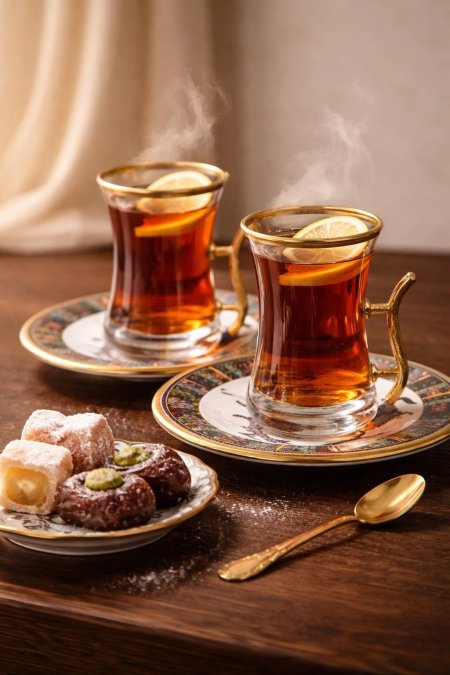 طقم كاسات قرفة /شاي 6+6 صحون بورسلان ملون