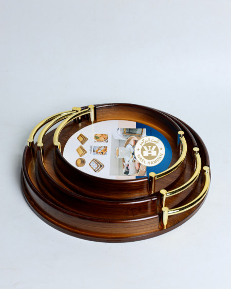 طقم صواني خشب بامبو /3 مع يد ذهبي