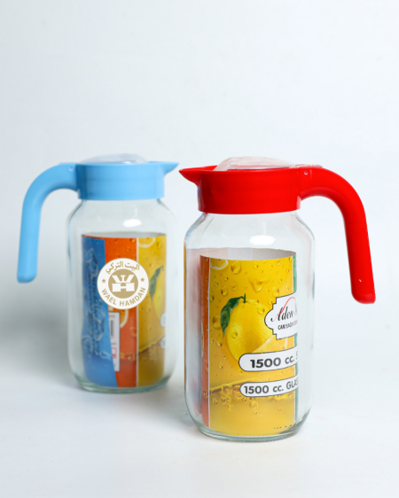 ابريق عصير زجاج يد بلاستيك ملون