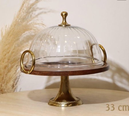 جاط كيك خشب هندي مع غطاء زجاج مسكة نحاس هندي