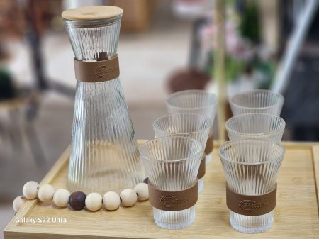ابريق زجاج غطاء خشب+6كاسات