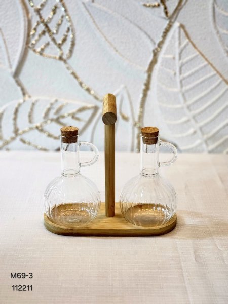 طقم قنية زيت زجاج ستاند خشب