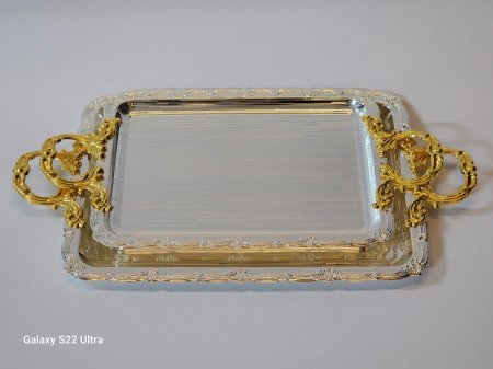 صينية ستيل فضي يد ذهبي