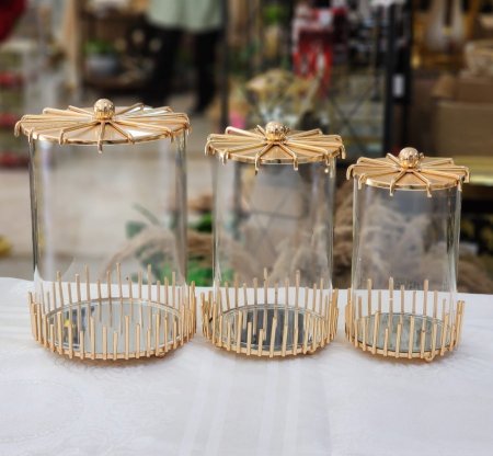 طقم 3 مضايف كاندي زجاج غطاء بيوتر