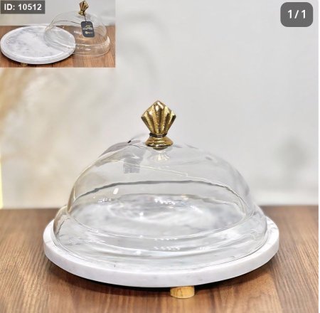 مضيفة جرانيت مدور 27سم غطاء زجاج مسكة نحاس هندي