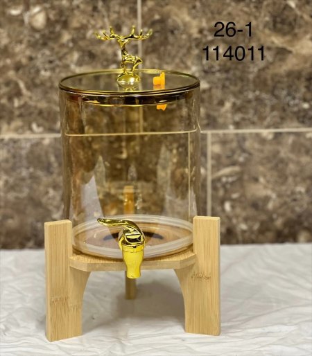 ابريق زجاج دملاج عسلي مع حنفية ستاند خشب بامبو