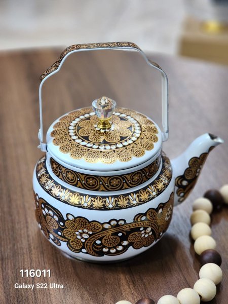 ابريق شاي ستيل مرسم ابيض لميع 2 لتر