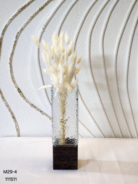 مزهرية زجاج شفاف قاعدة خشب