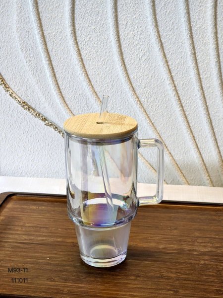 ماج زجاج مع يد غطاء خشب بامبو