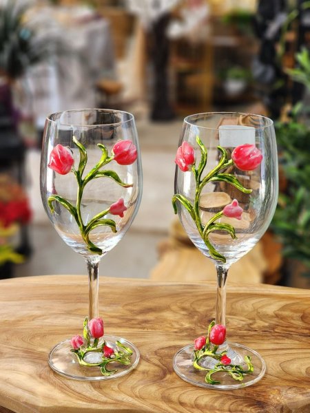 طقم 2 كاسة زجاج رجل طويل ورد بيوتر