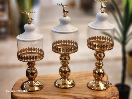 طقم سكريات بيوتر زجاج مع غطاء يد غزال