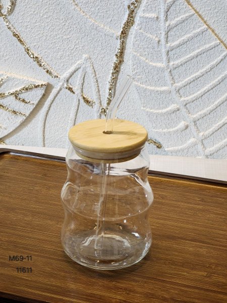 كاسة زجاج مصاصة غطاء خشب بامبو