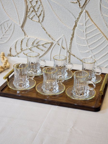 كاسات قرفة / شاي 6+6صحون حز ذهبي